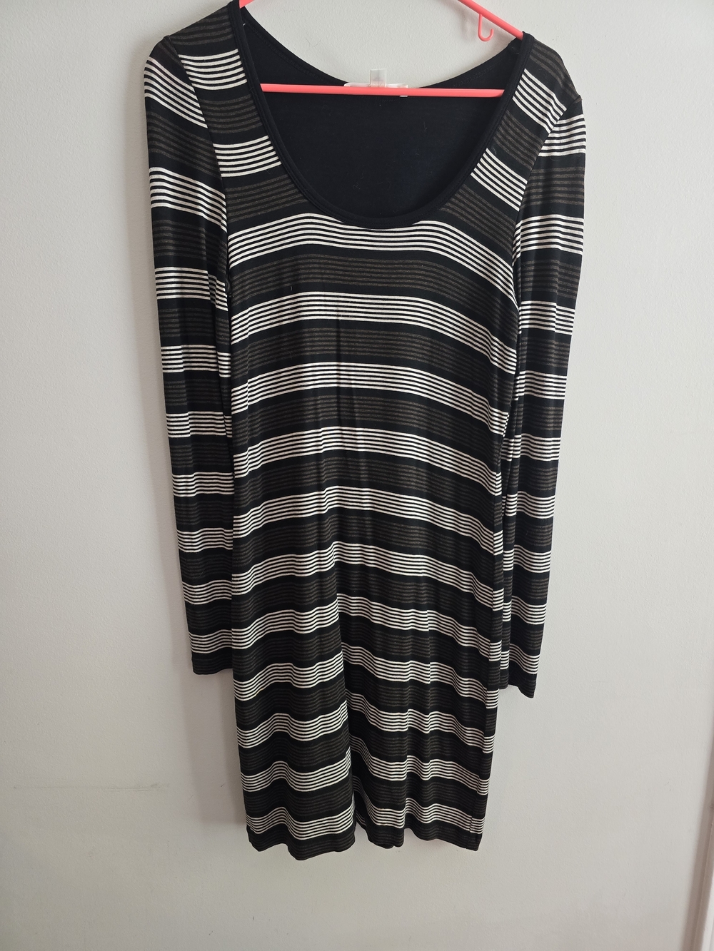 Karen Kane Black, Cream & Brown Striped Long Sleeve Scoop Dress